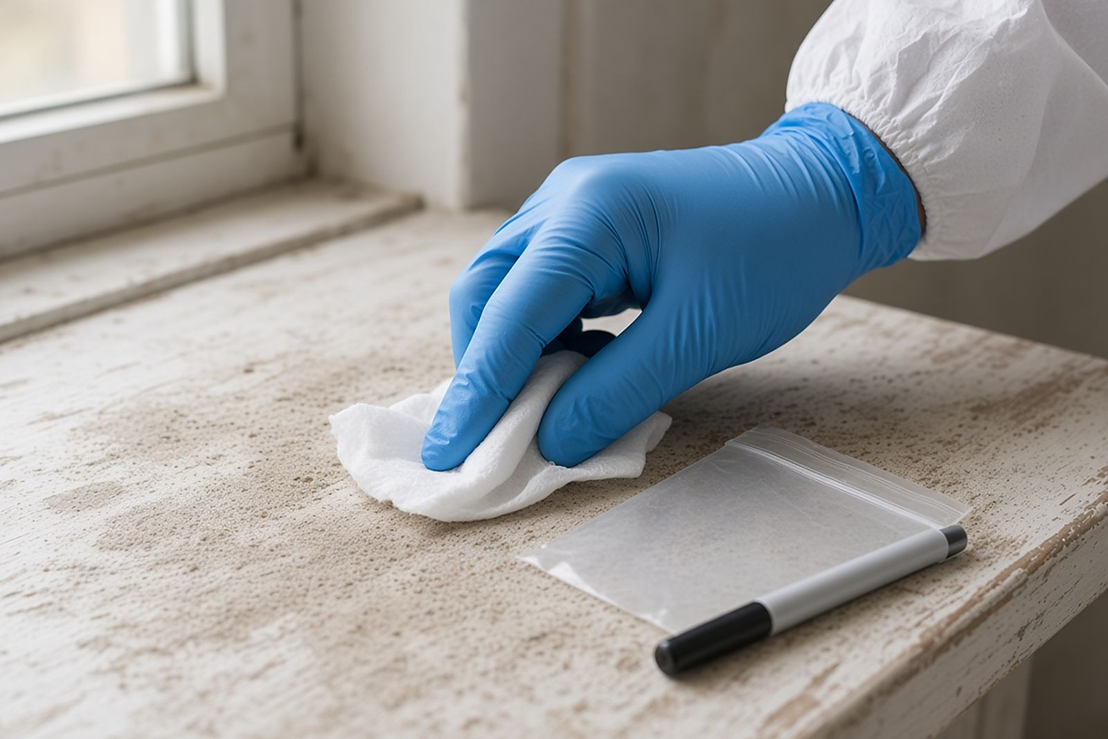 Gloved hand taking a wipe sample from a dusty windowsill beside a sample bag and marker